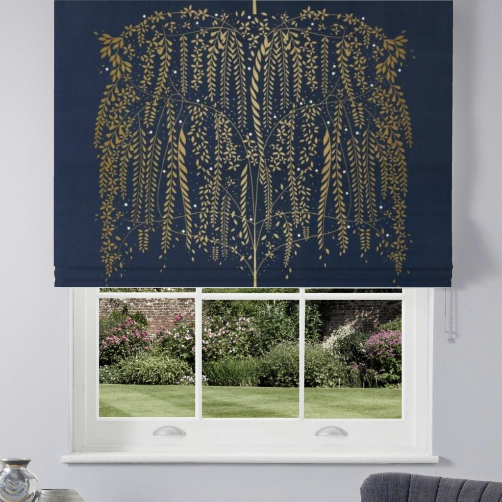 Sara Miller willow tree velvet navy roman blinds