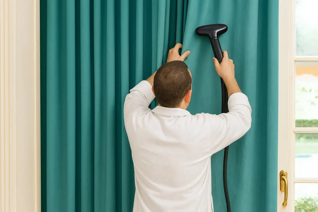 A man steam cleaning some turquoise made-to-measure curtains