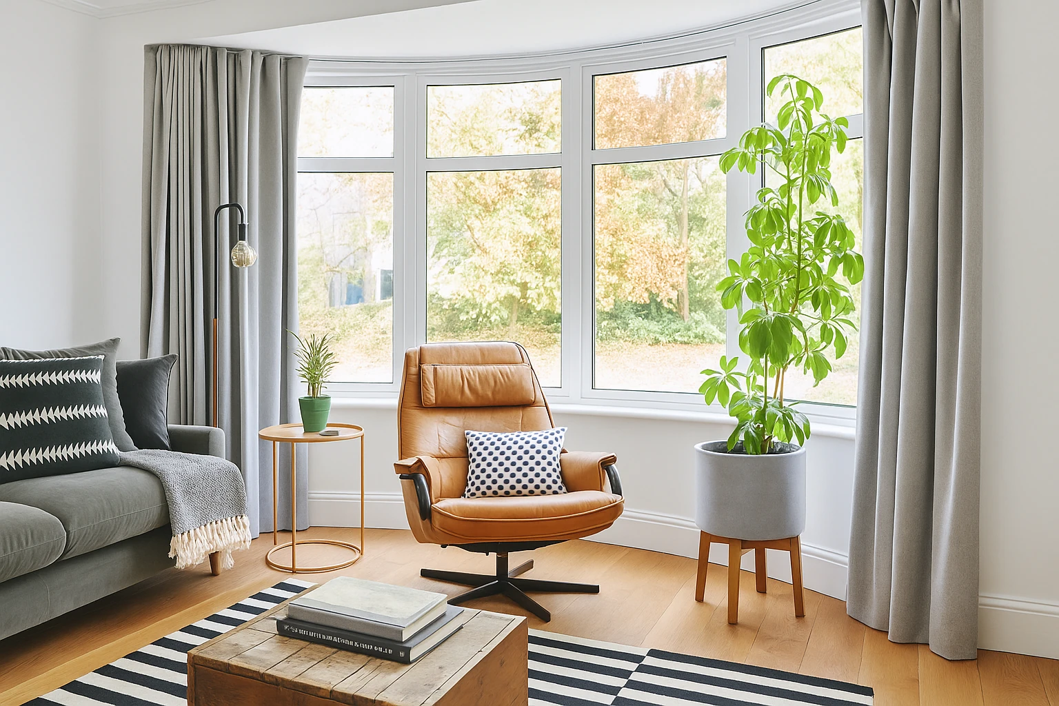 A room featuring an office chair in front of bay windows with a close up of someone cleaning made-to-measure curtains by hand in a blue bucket