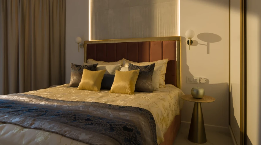 Olive made-to-measure curtains in a hotel room