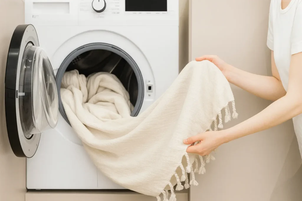 someone cleaning made-to-measure curtains in a washing machine