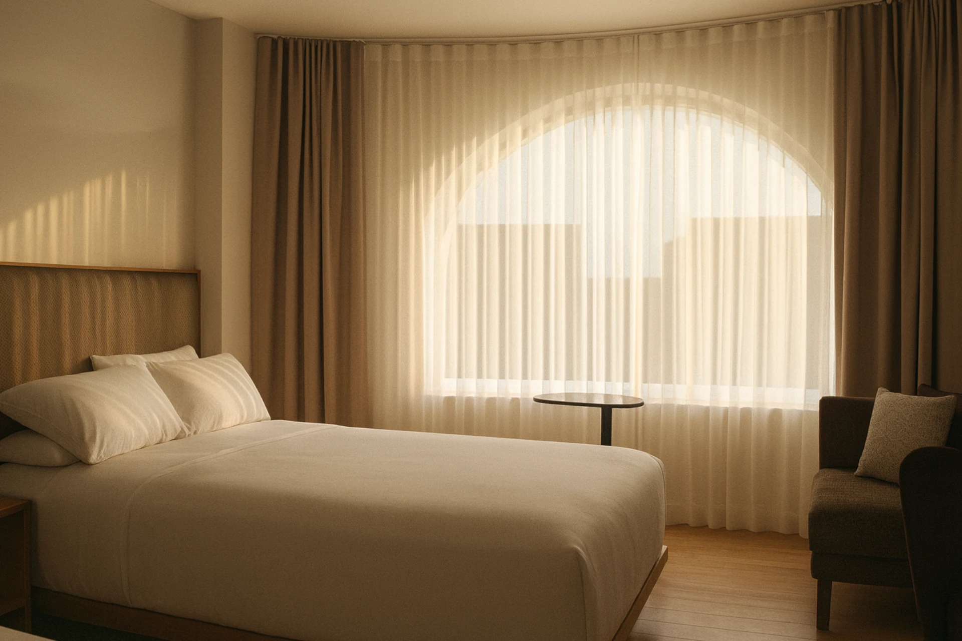 Sun coming through light made-to-measure curtains in bedroom