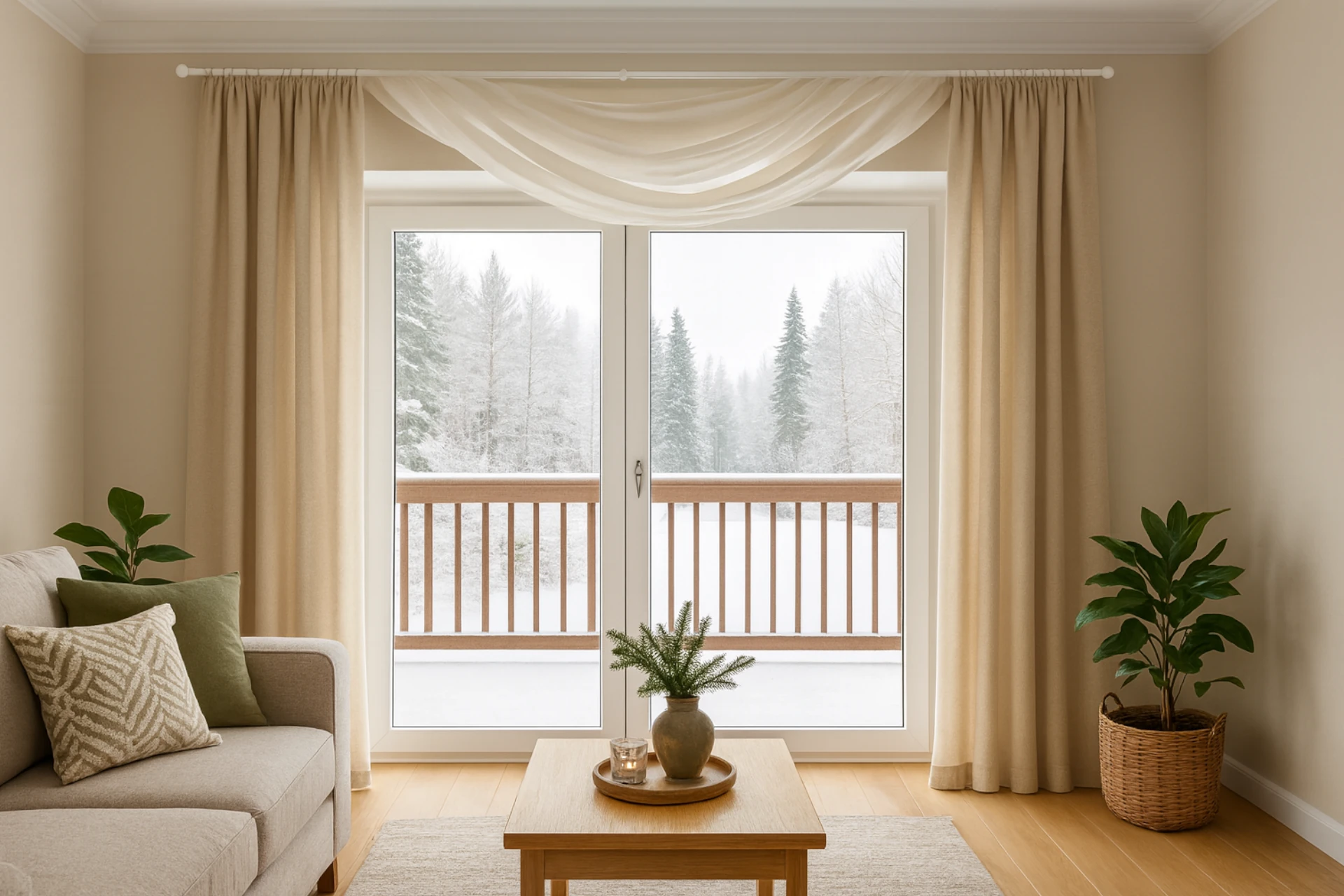 living room with made to measure curtains looking out onto snowy landscape