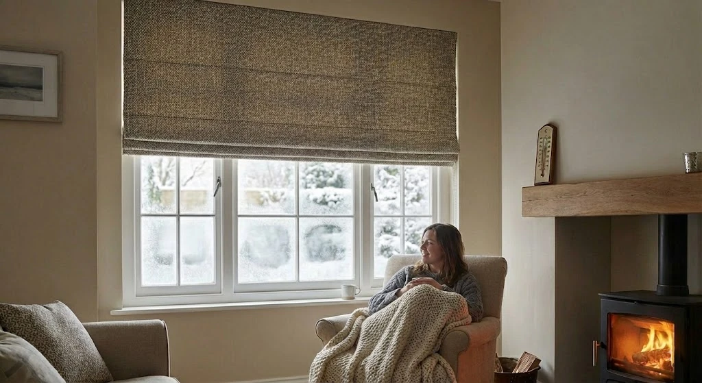 Lady content and warm looking out of window