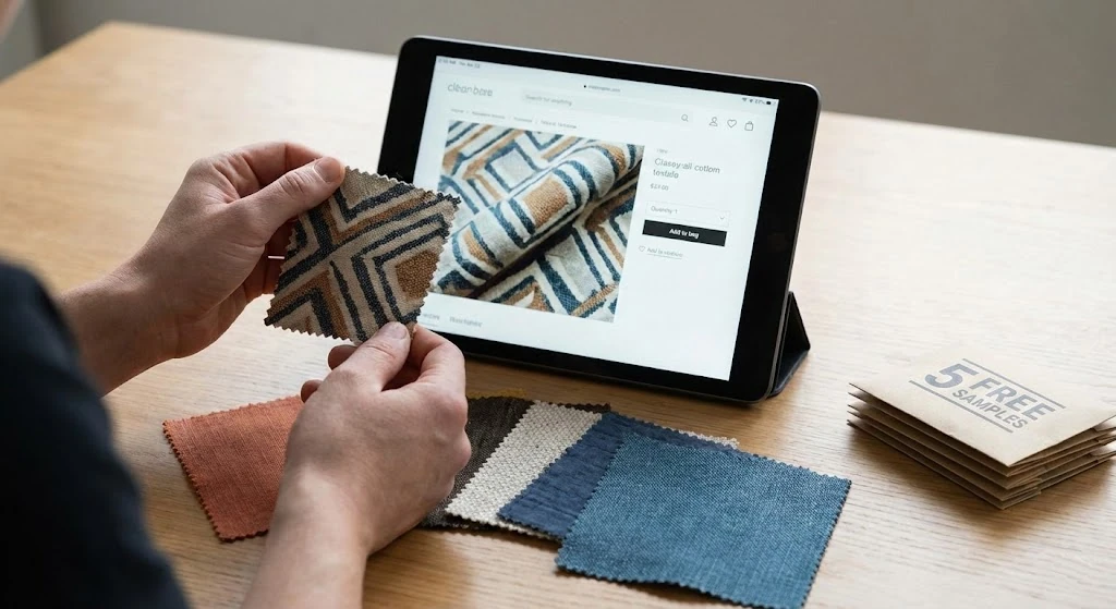 Person checking fabric samples.webp