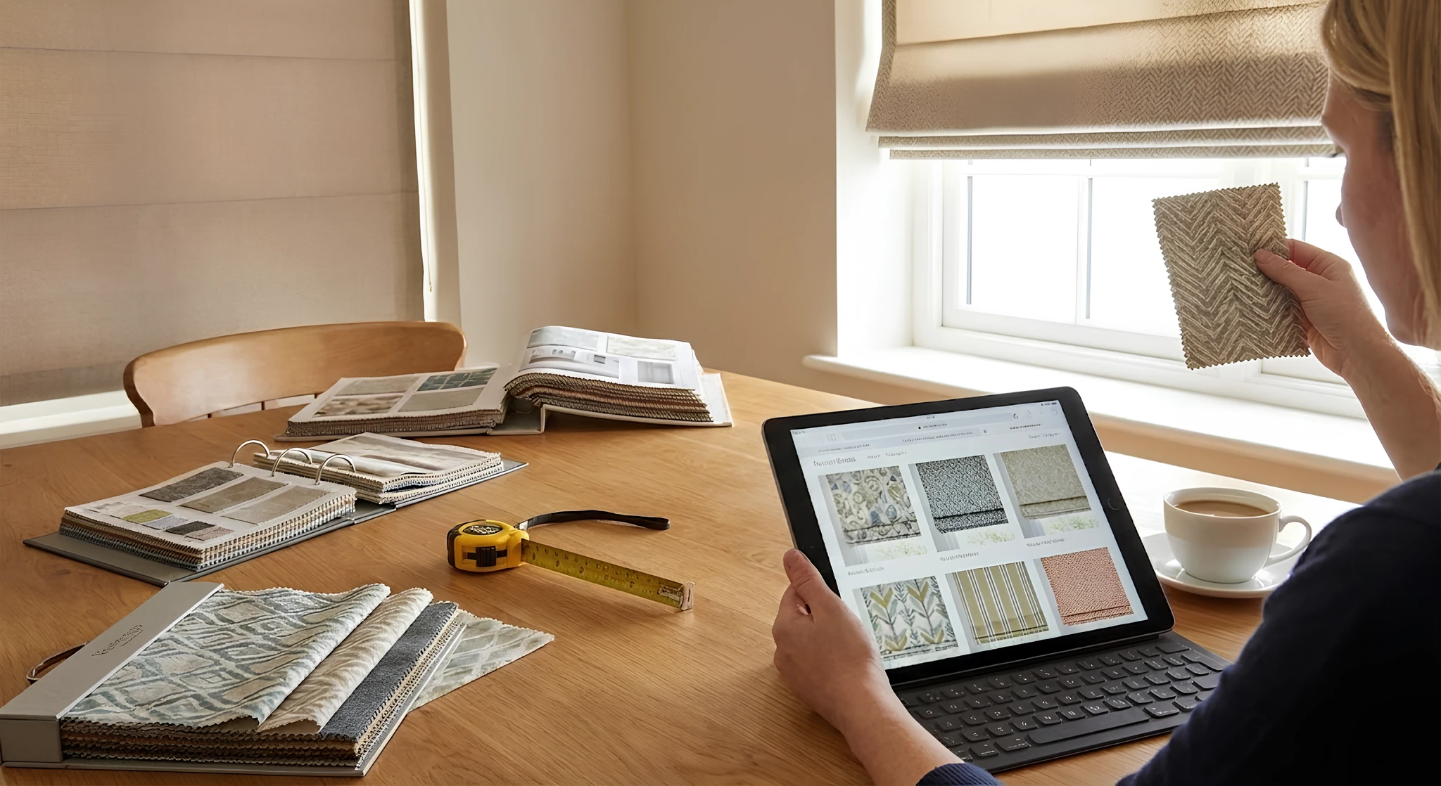 Person checking fabric samples for roman blinds