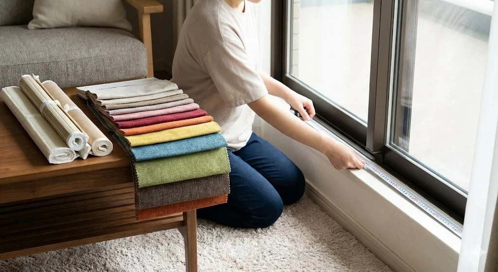 Person taking measurements for blinds